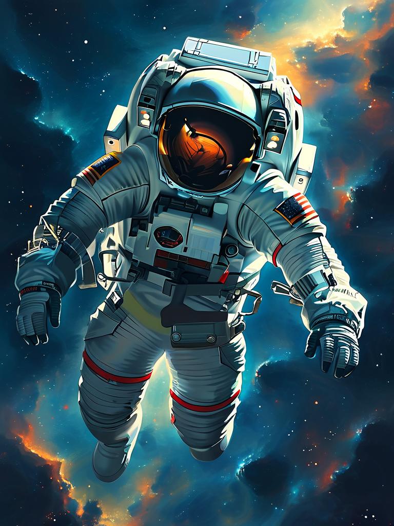 An astronaut floating through colorful space