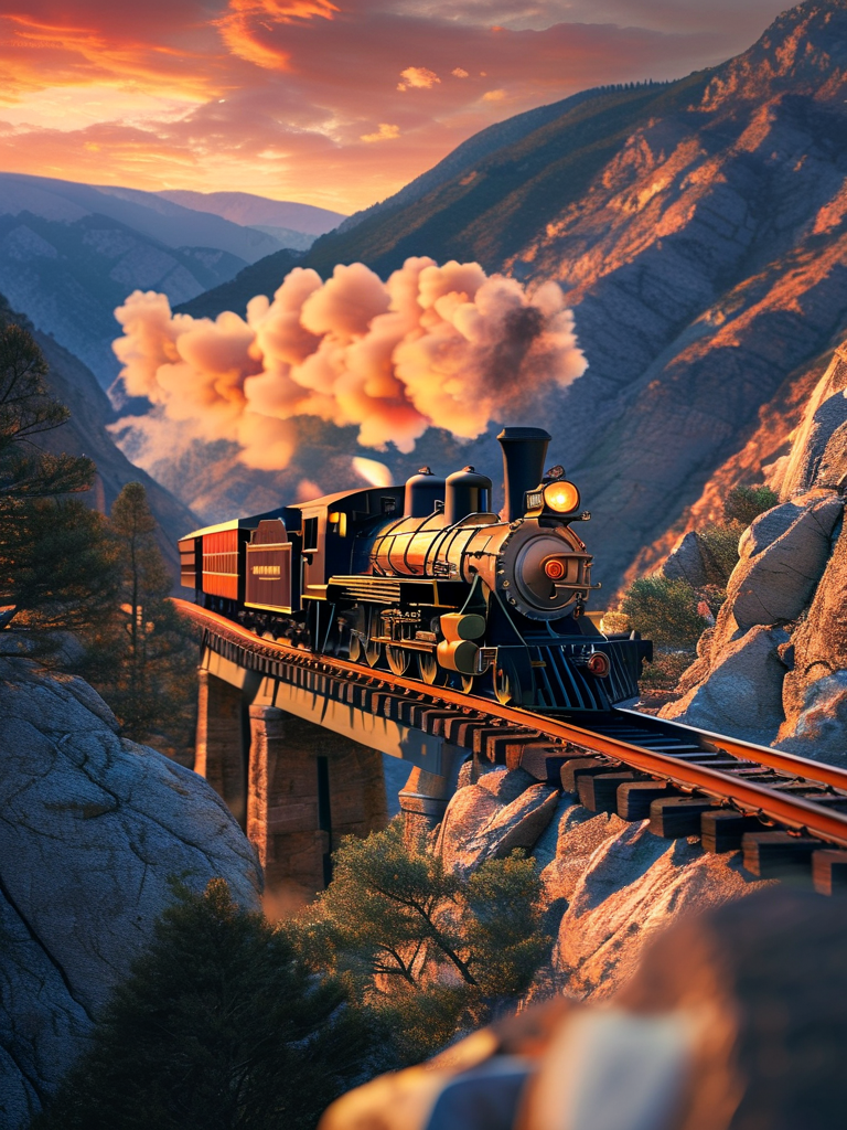 A steam train crossing a mountain bridge at sunset