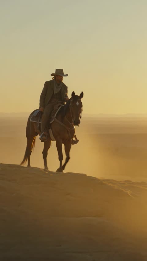 A cowboy riding through a golden desert