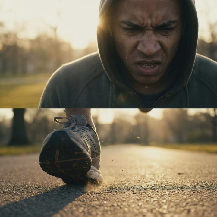 An exhausted runner at sunrise