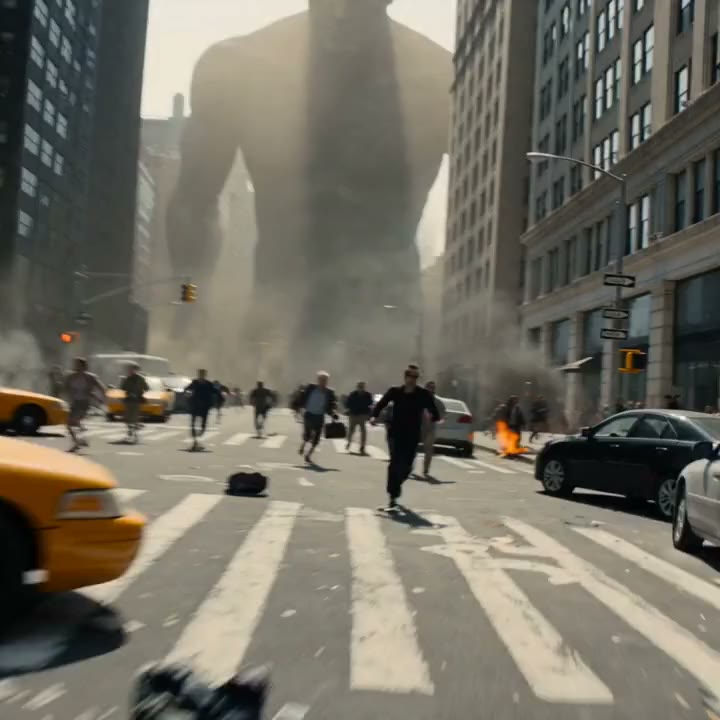A giant figure crossing a cinematic city
