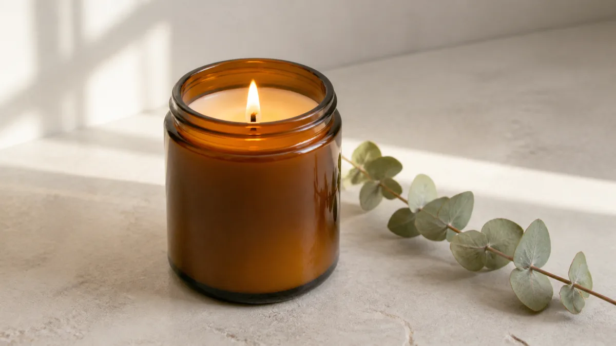 Amber candle jar on a stone surface with soft window light and a restrained botanical prop