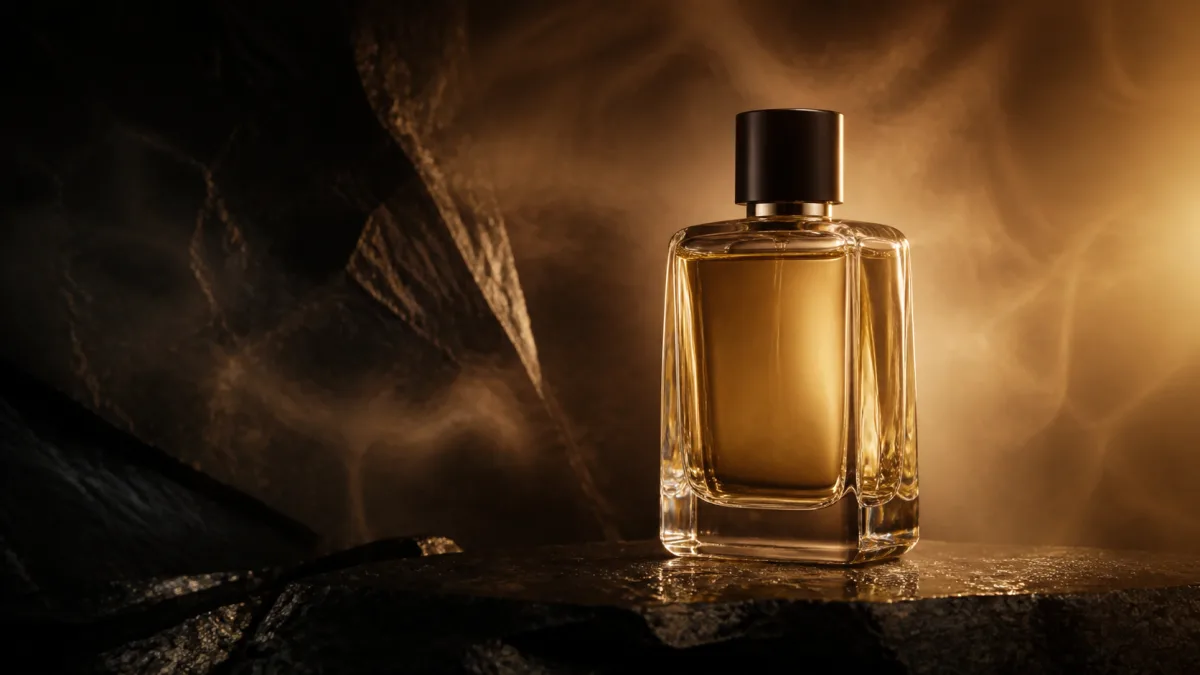 Glass perfume bottle staged for a premium product advertising image