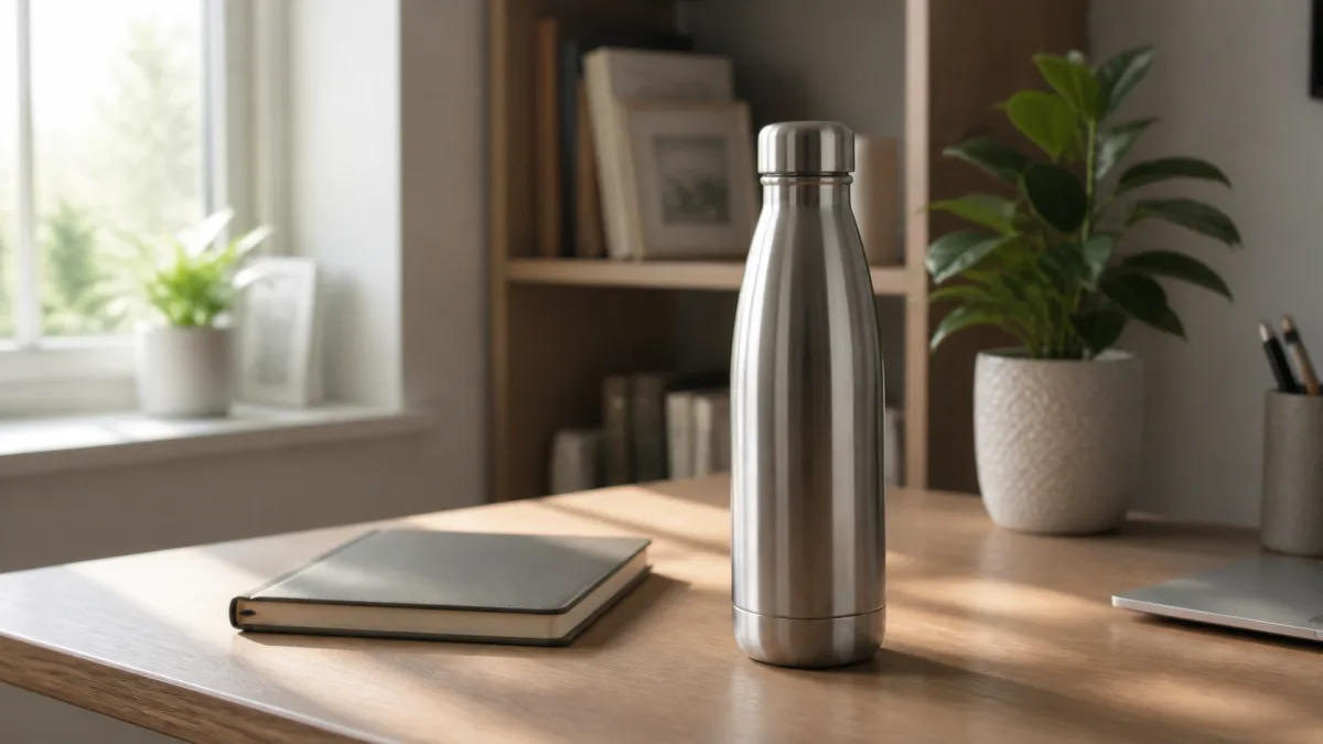 Reusable water bottle shown in a natural desk setting with believable scale and soft morning light