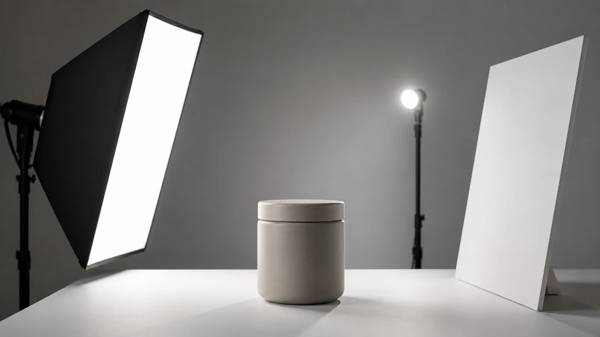 Product lighting diagram showing a soft key light, subtle fill, rim highlight, and natural contact shadow