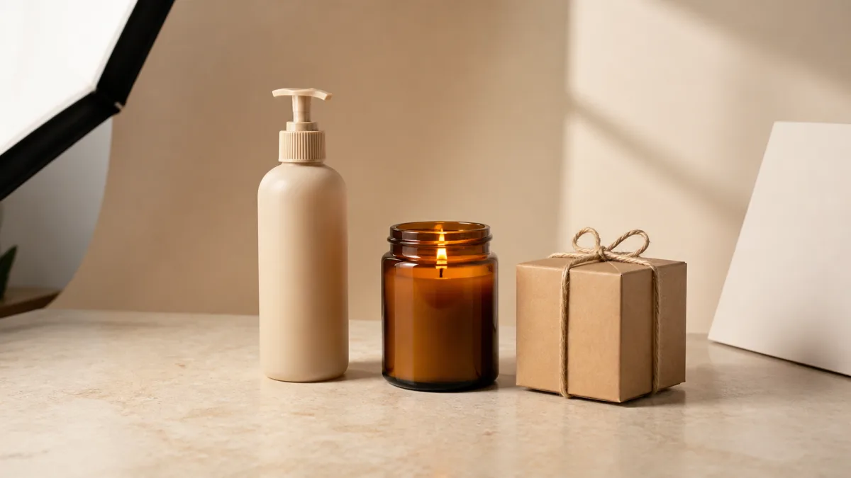 Skincare bottle, candle jar, and kraft gift box arranged for a small-business product photography scene