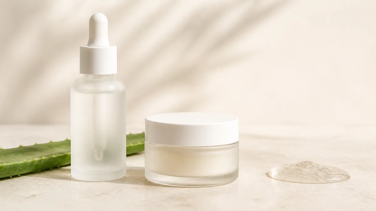 Frosted skincare serum bottle and cream jar staged with aloe in a clean product photography scene
