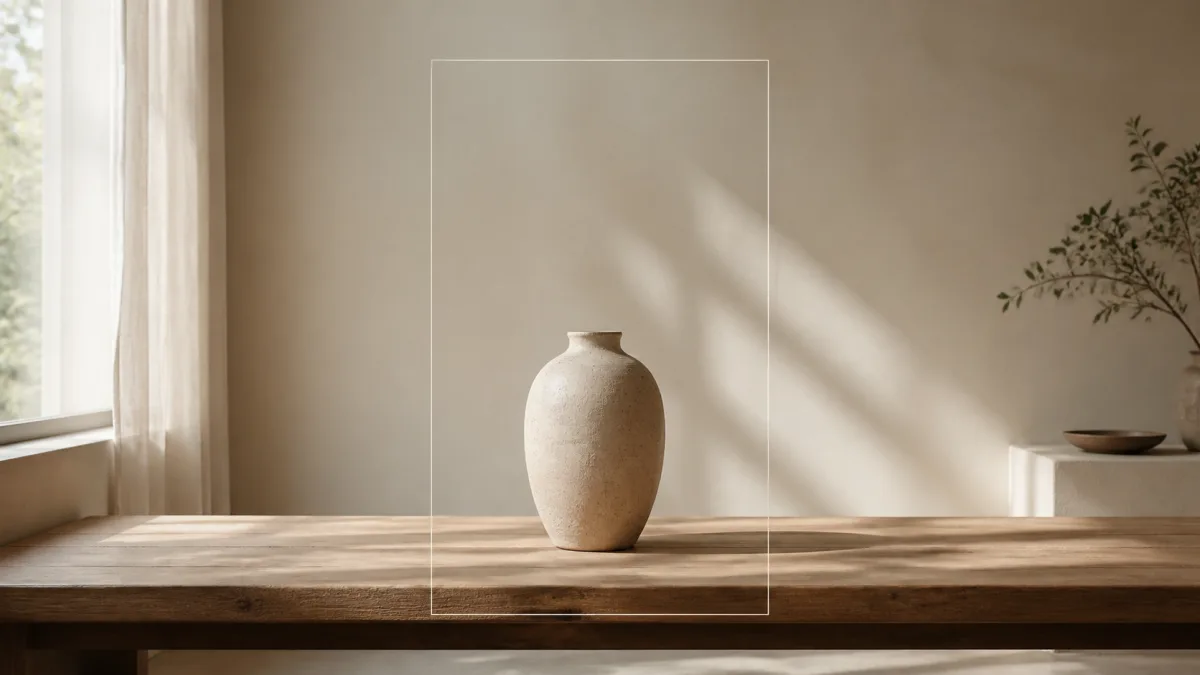 Square still-life crop of a ceramic vase extended into a wide sunlit website banner