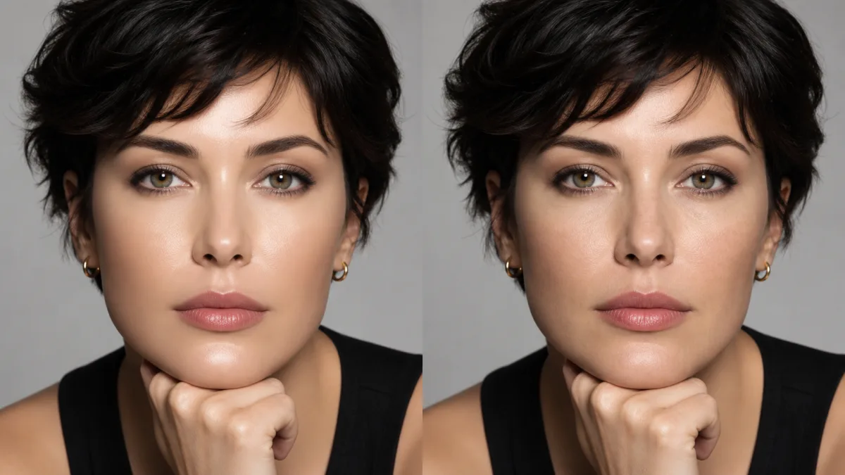 Side-by-side portrait comparison showing over-smoothed skin and restored natural skin texture