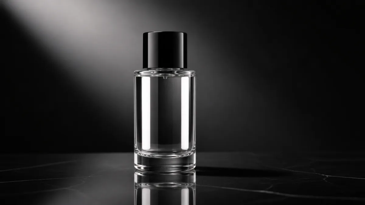 Product bottle anchored by a soft contact shadow with controlled studio reflections along its glass edges
