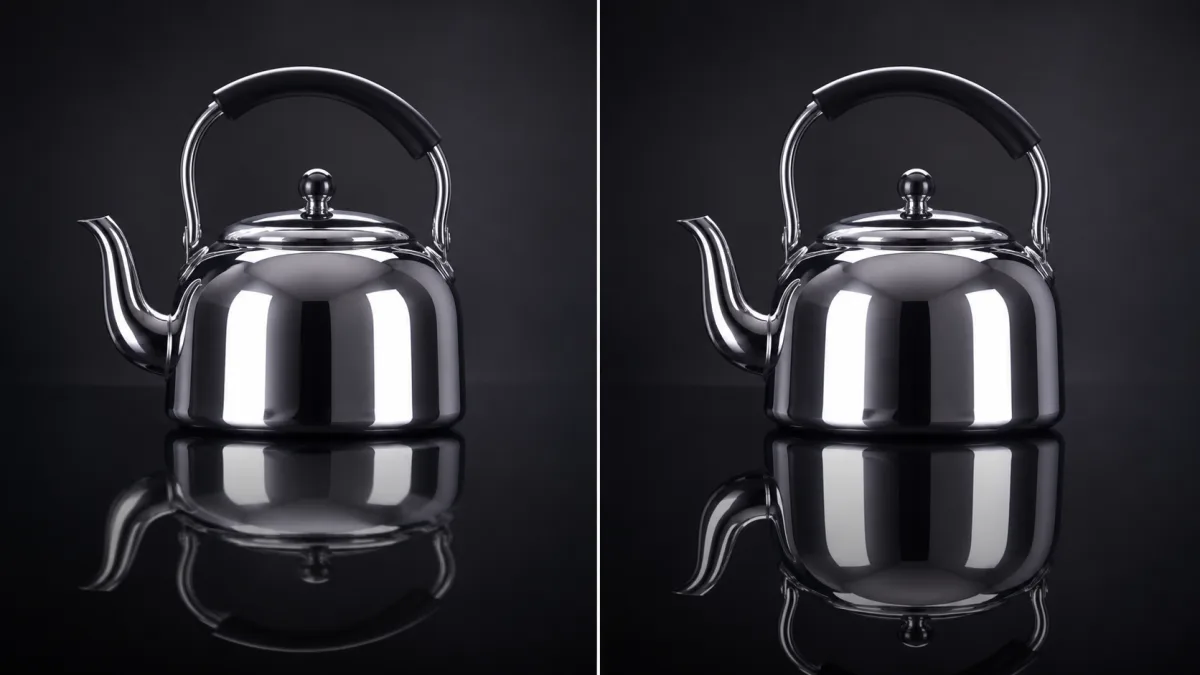 Side-by-side steel kettle comparison with a corrected reflection on a glossy studio surface