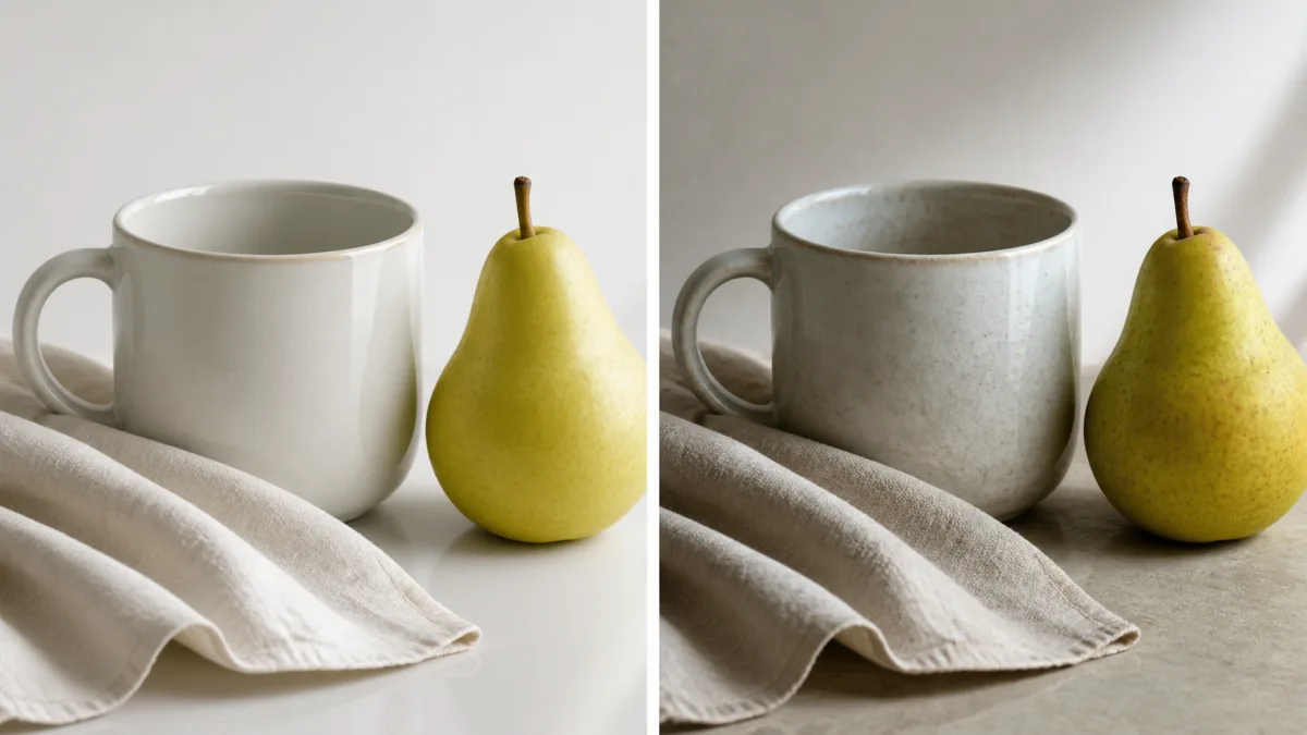 Side-by-side still-life comparison showing flatter synthetic surfaces and more natural light and texture