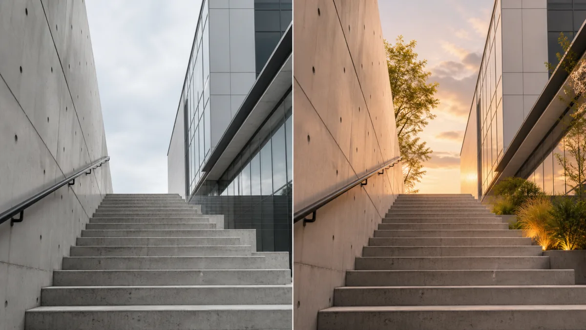 Edited scene retaining the original low camera angle and perspective lines