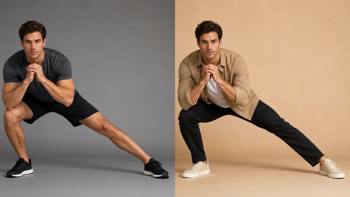 Reference pose preserved while clothing and background are edited