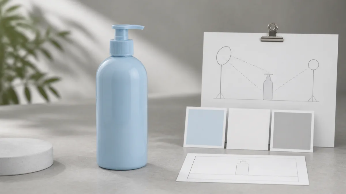 Product photography prompt brief arranged beside a clean bottle image with lighting and composition notes