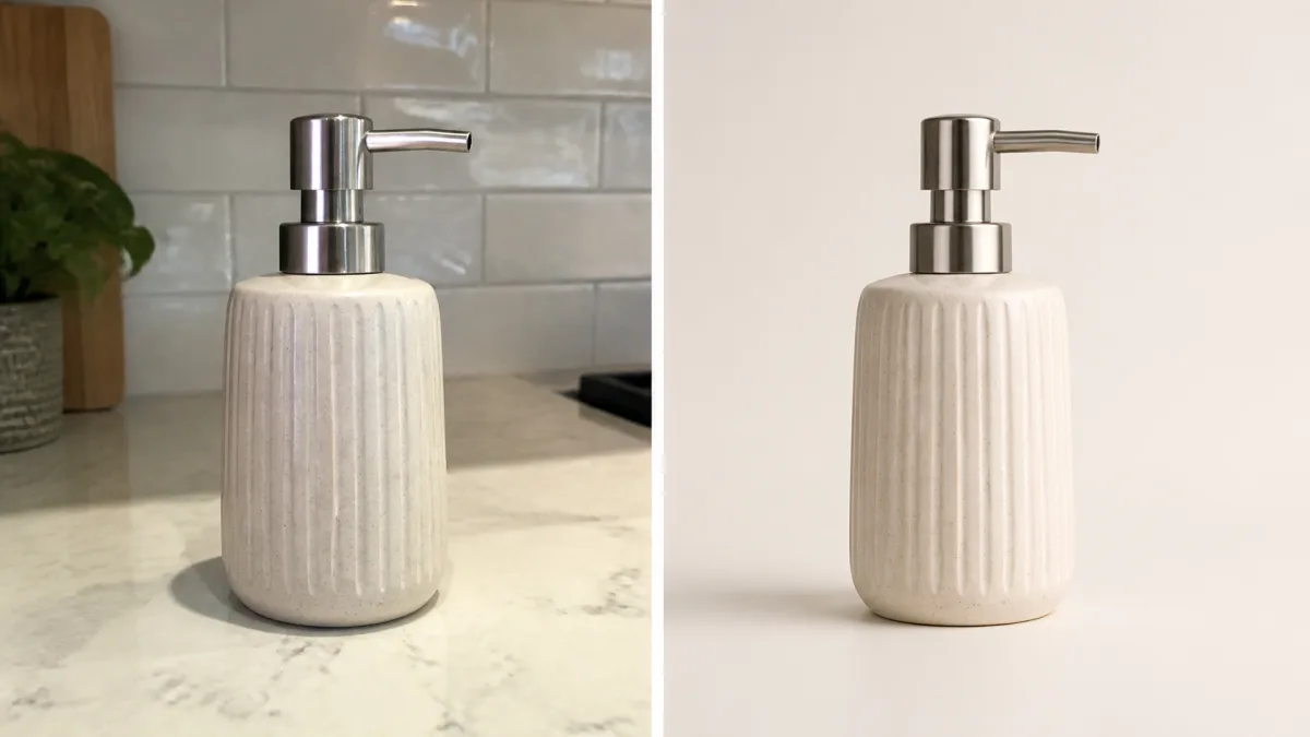 Side-by-side view of a simple phone product photo and a clean neutral studio presentation